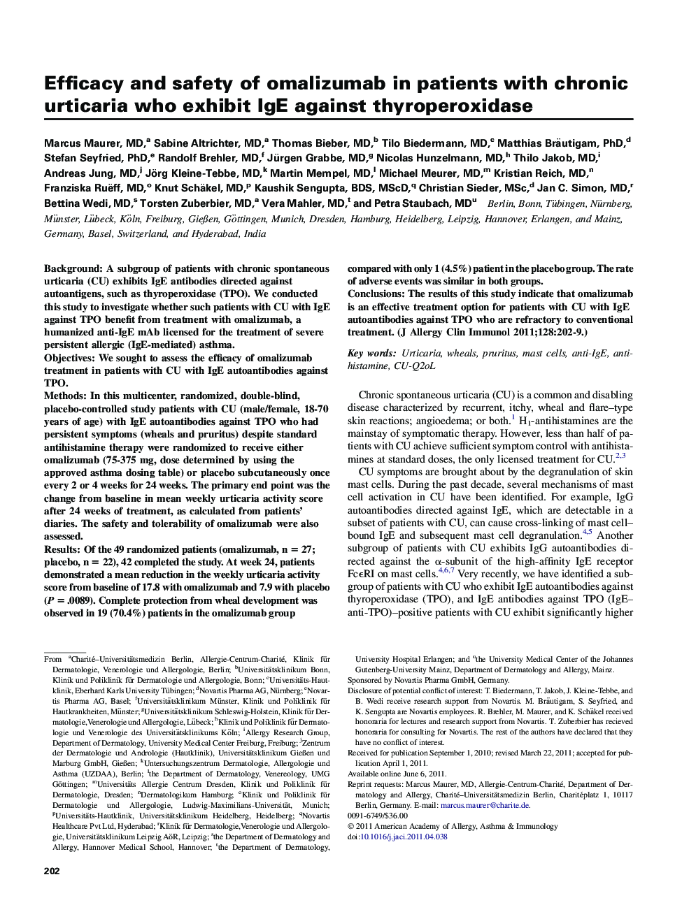 Efficacy and safety of omalizumab in patients with chronic urticaria who exhibit IgE against thyroperoxidase