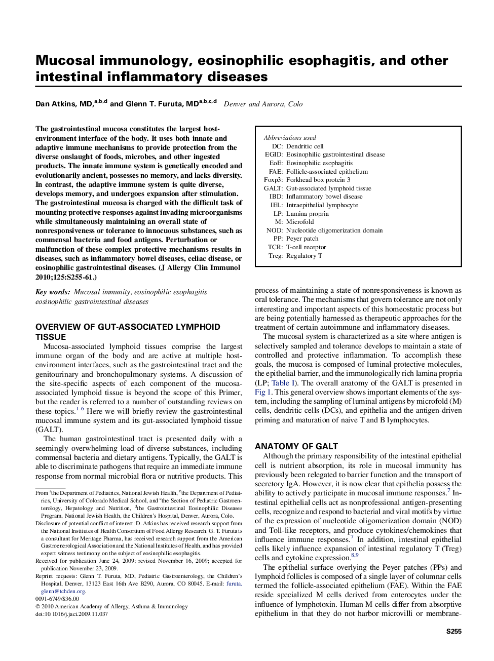 Mucosal immunology, eosinophilic esophagitis, and other intestinal inflammatory diseases 