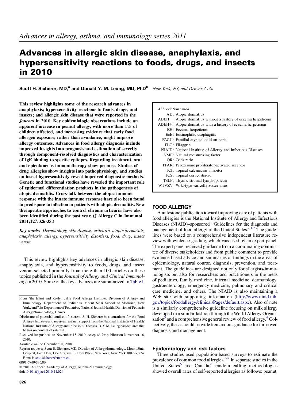 Advances in allergic skin disease, anaphylaxis, and hypersensitivity reactions to foods, drugs, and insects in 2010 