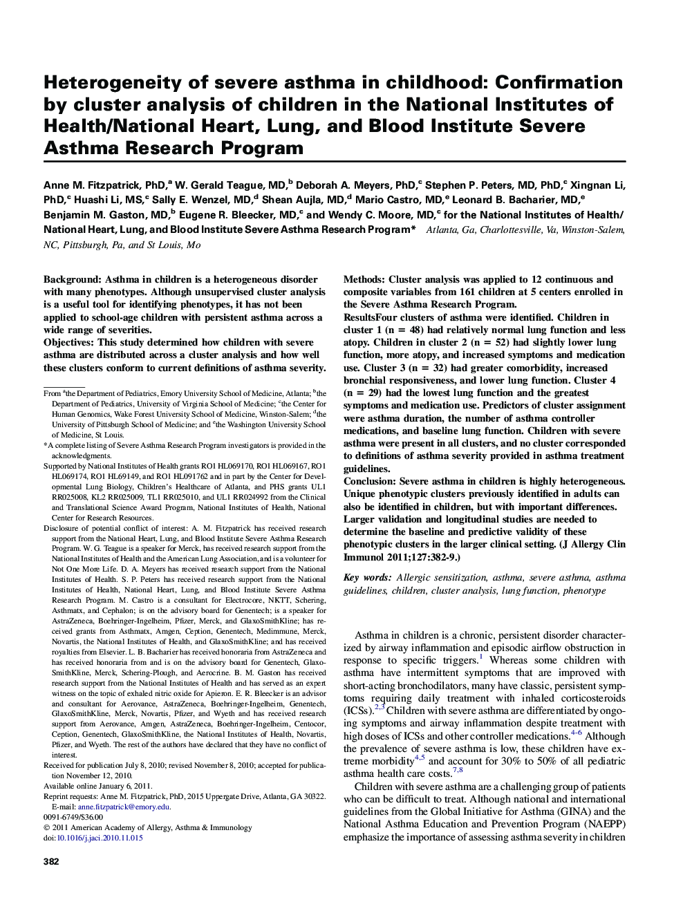 Heterogeneity of severe asthma in childhood: Confirmation by cluster analysis of children in the National Institutes of Health/National Heart, Lung, and Blood Institute Severe Asthma Research Program