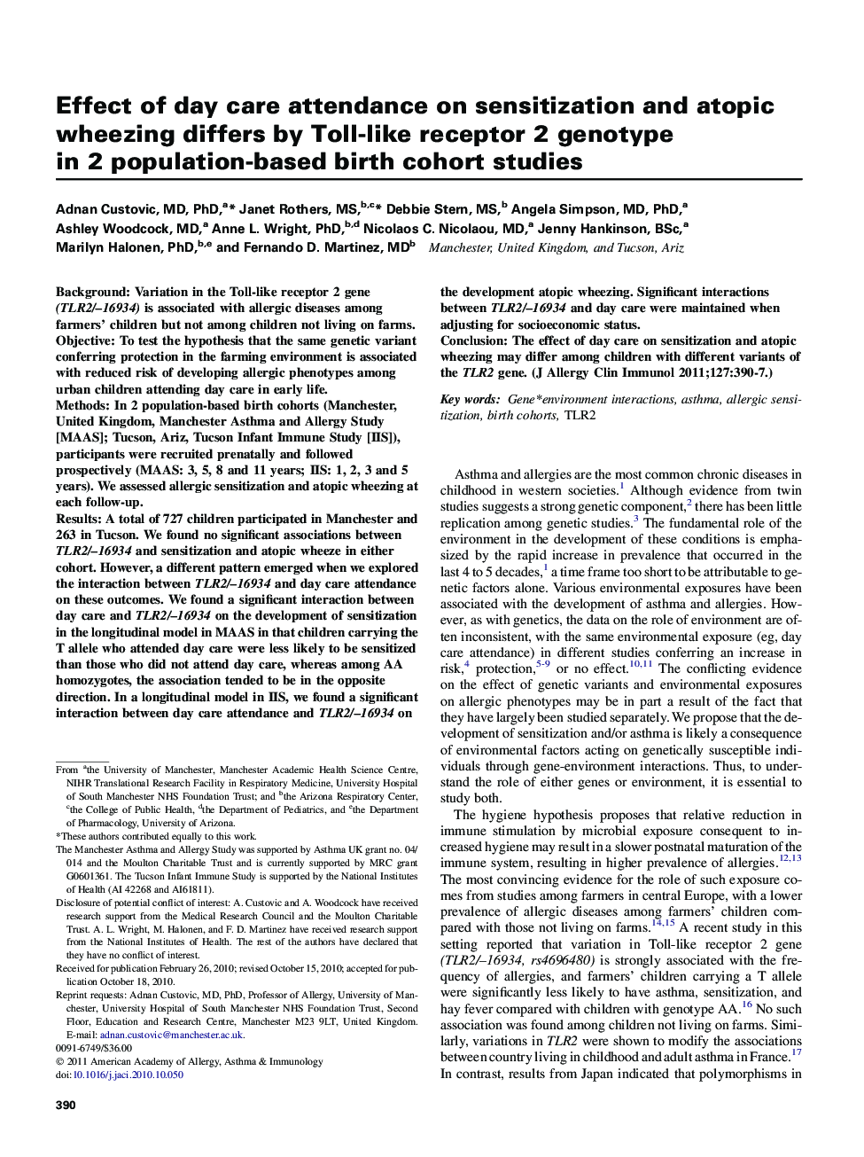 Effect of day care attendance on sensitization and atopic wheezing differs by Toll-like receptor 2 genotype in 2 population-based birth cohort studies