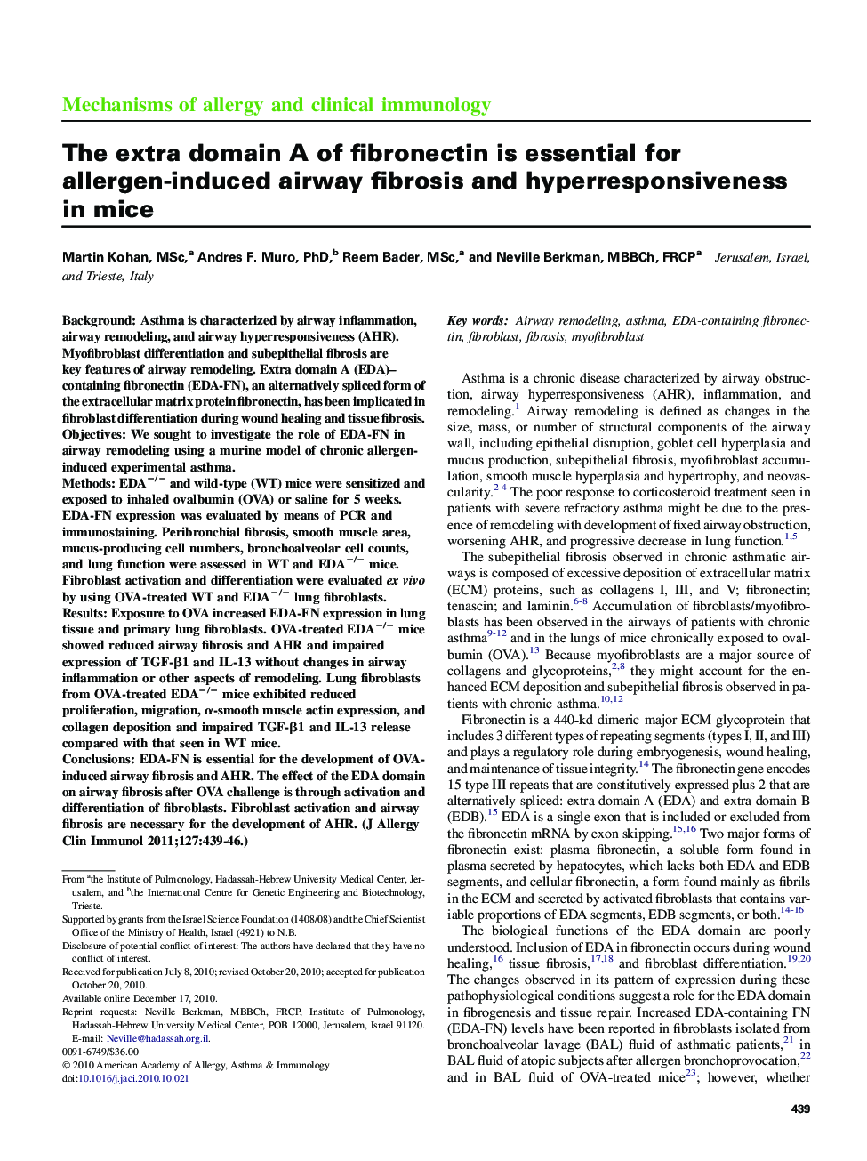 The extra domain AÂ of fibronectin is essential for allergen-induced airway fibrosis and hyperresponsiveness in mice