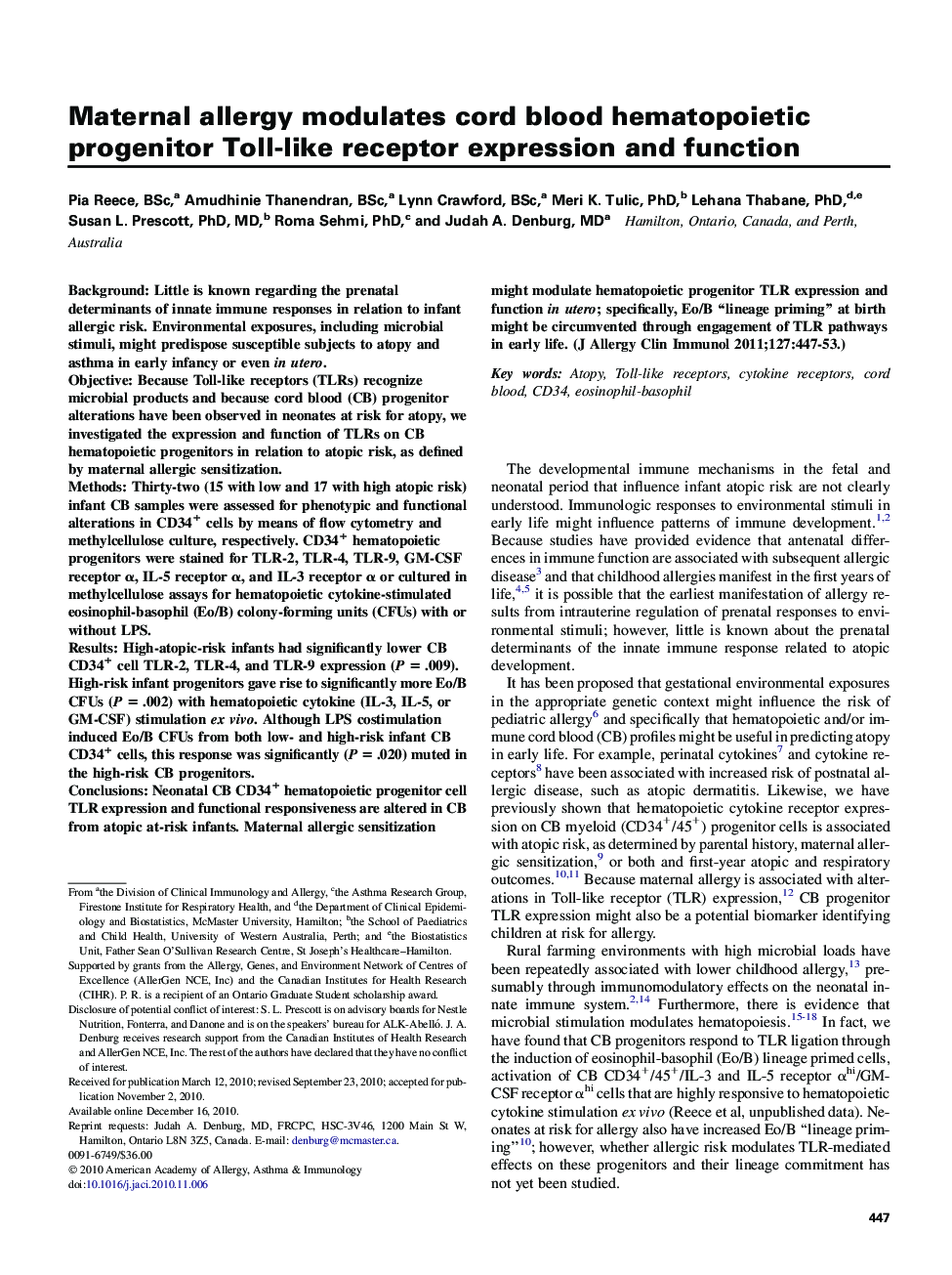 Maternal allergy modulates cord blood hematopoietic progenitor Toll-like receptor expression and function 