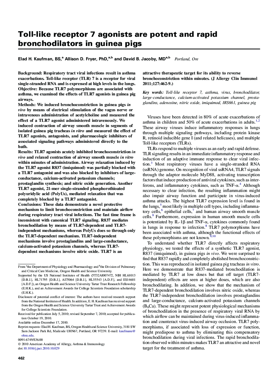 Toll-like receptor 7 agonists are potent and rapid bronchodilators in guinea pigs 