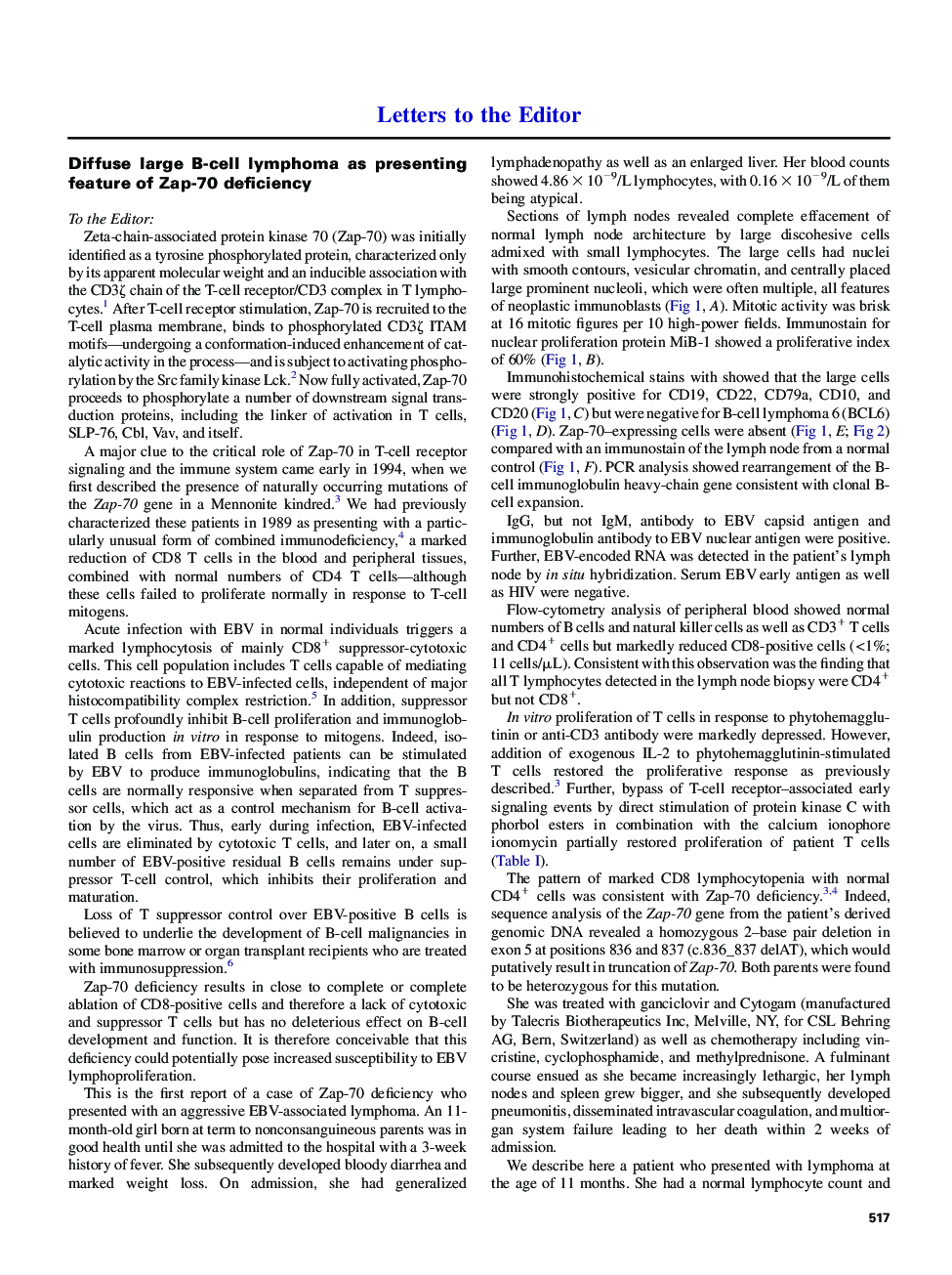 Diffuse large B-cell lymphoma as presenting feature of Zap-70 deficiency