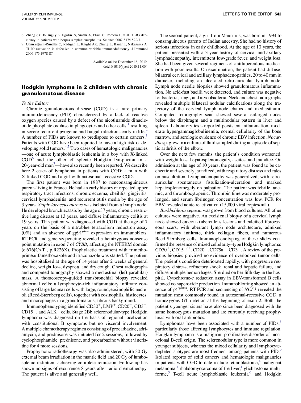 Hodgkin lymphoma in 2 children with chronic granulomatous disease