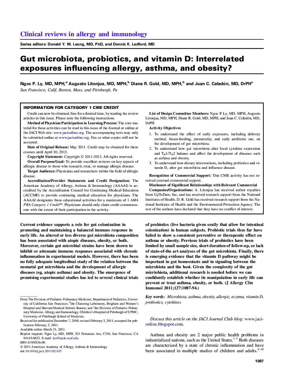 Gut microbiota, probiotics, and vitamin D: Interrelated exposures influencing allergy, asthma, and obesity? 