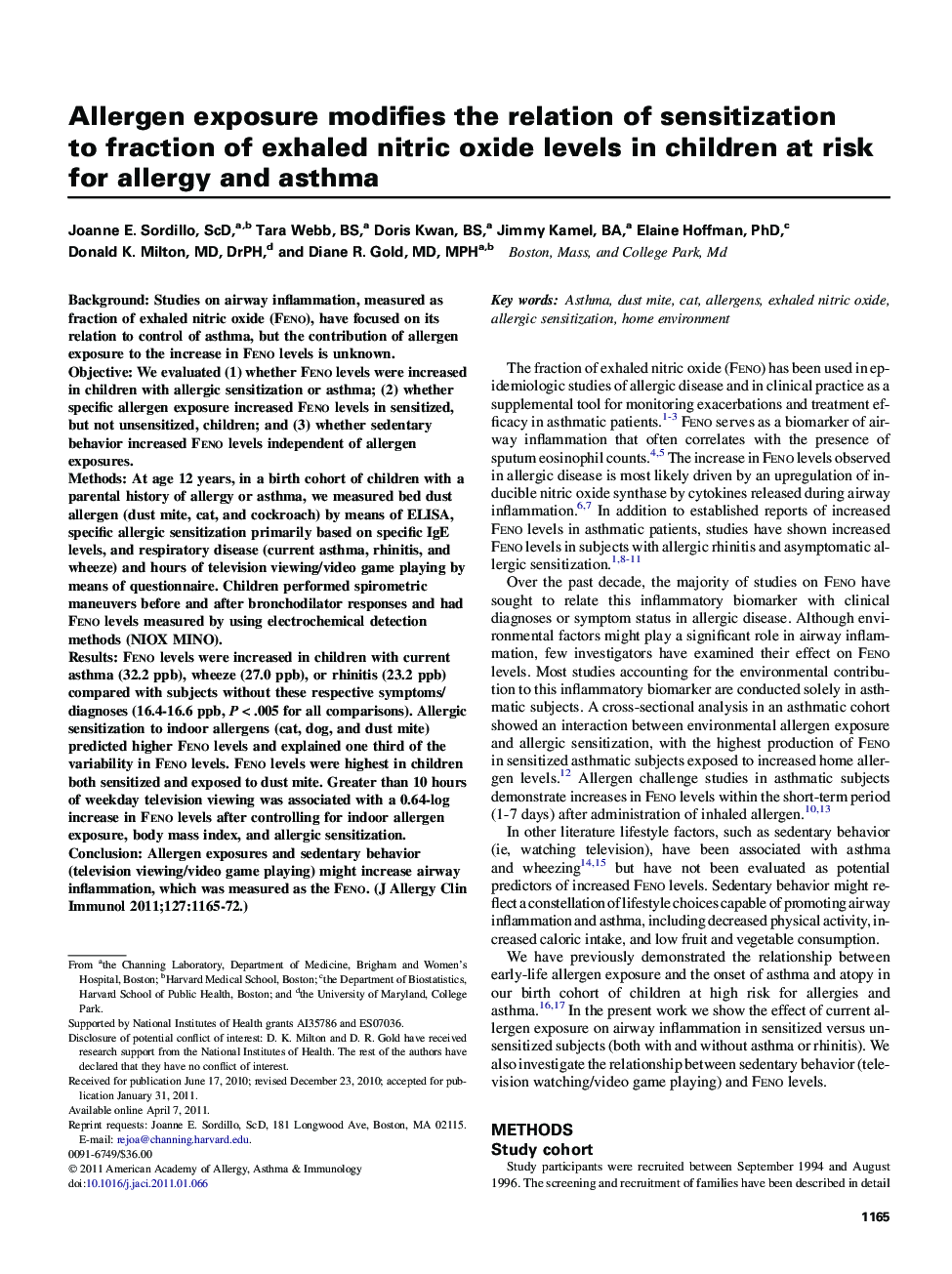 Allergen exposure modifies the relation of sensitization to fraction of exhaled nitric oxide levels in children at risk for allergy and asthma