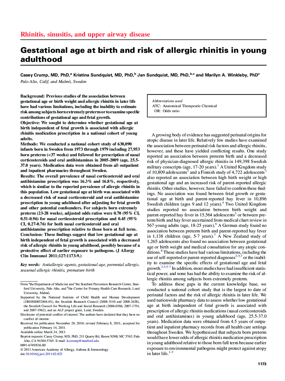 Gestational age at birth and risk of allergic rhinitis in young adulthood 