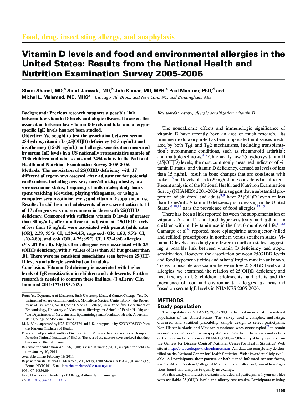 Vitamin D levels and food and environmental allergies in the United States: Results from the National Health and Nutrition Examination Survey 2005-2006 