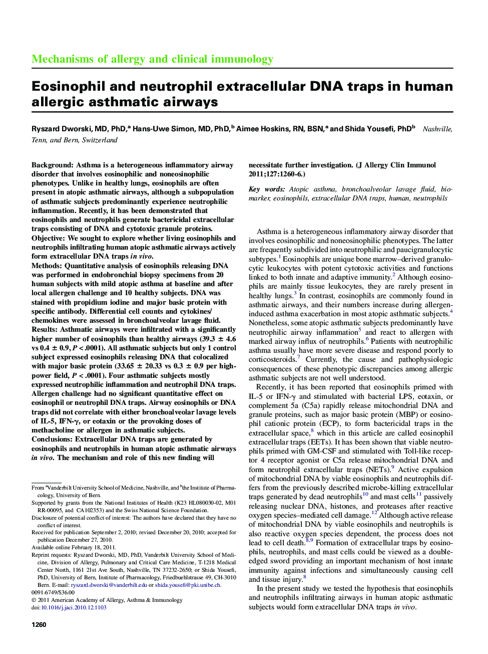 Eosinophil and neutrophil extracellular DNA traps in human allergic asthmatic airways 