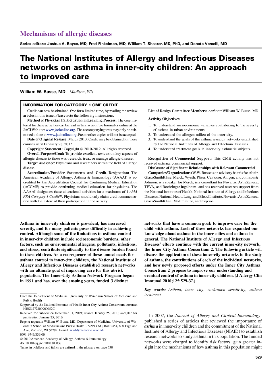 The National Institutes of Allergy and Infectious Diseases networks on asthma in inner-city children: An approach to improved care 