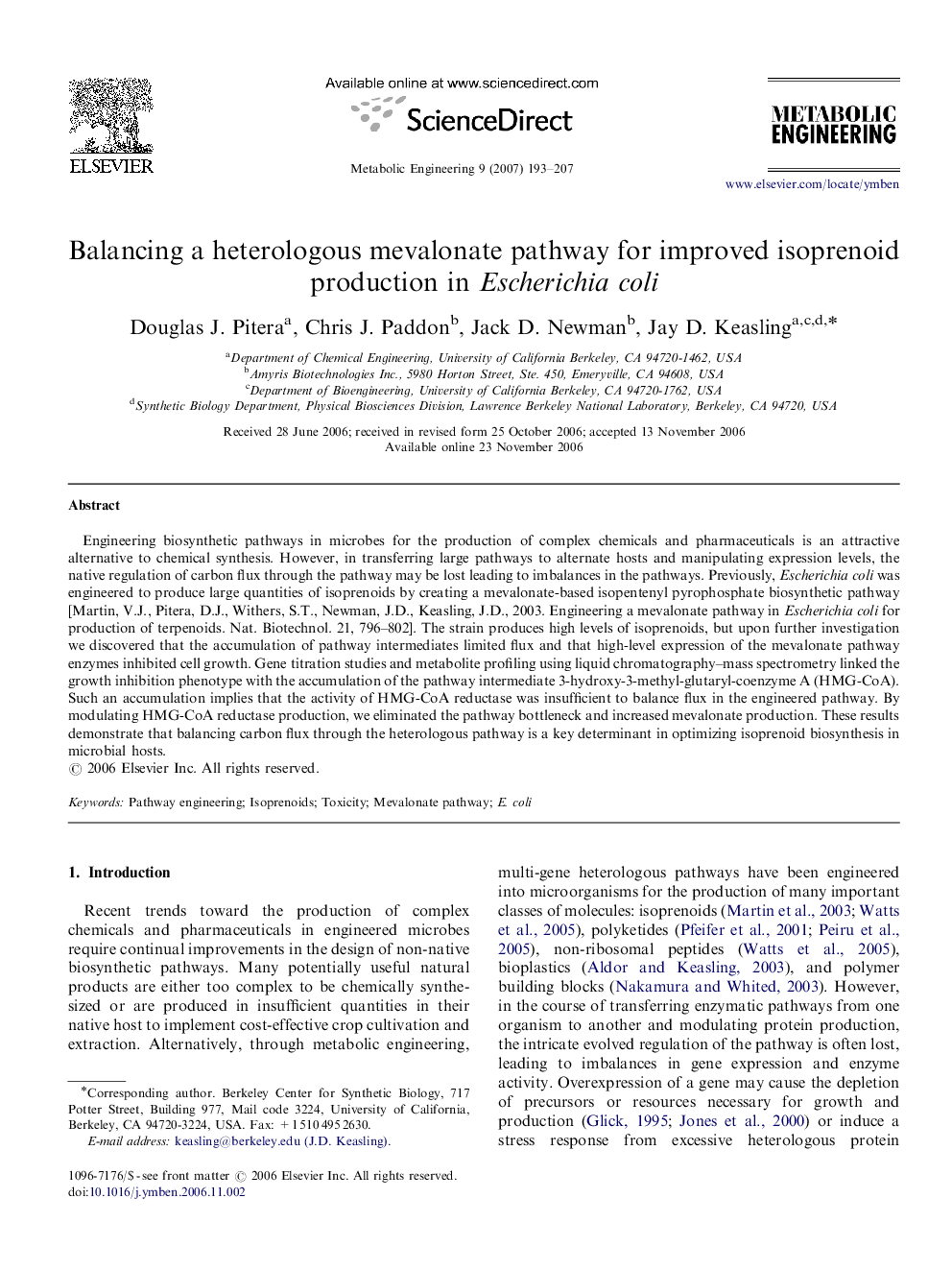 Balancing a heterologous mevalonate pathway for improved isoprenoid production in Escherichia coli