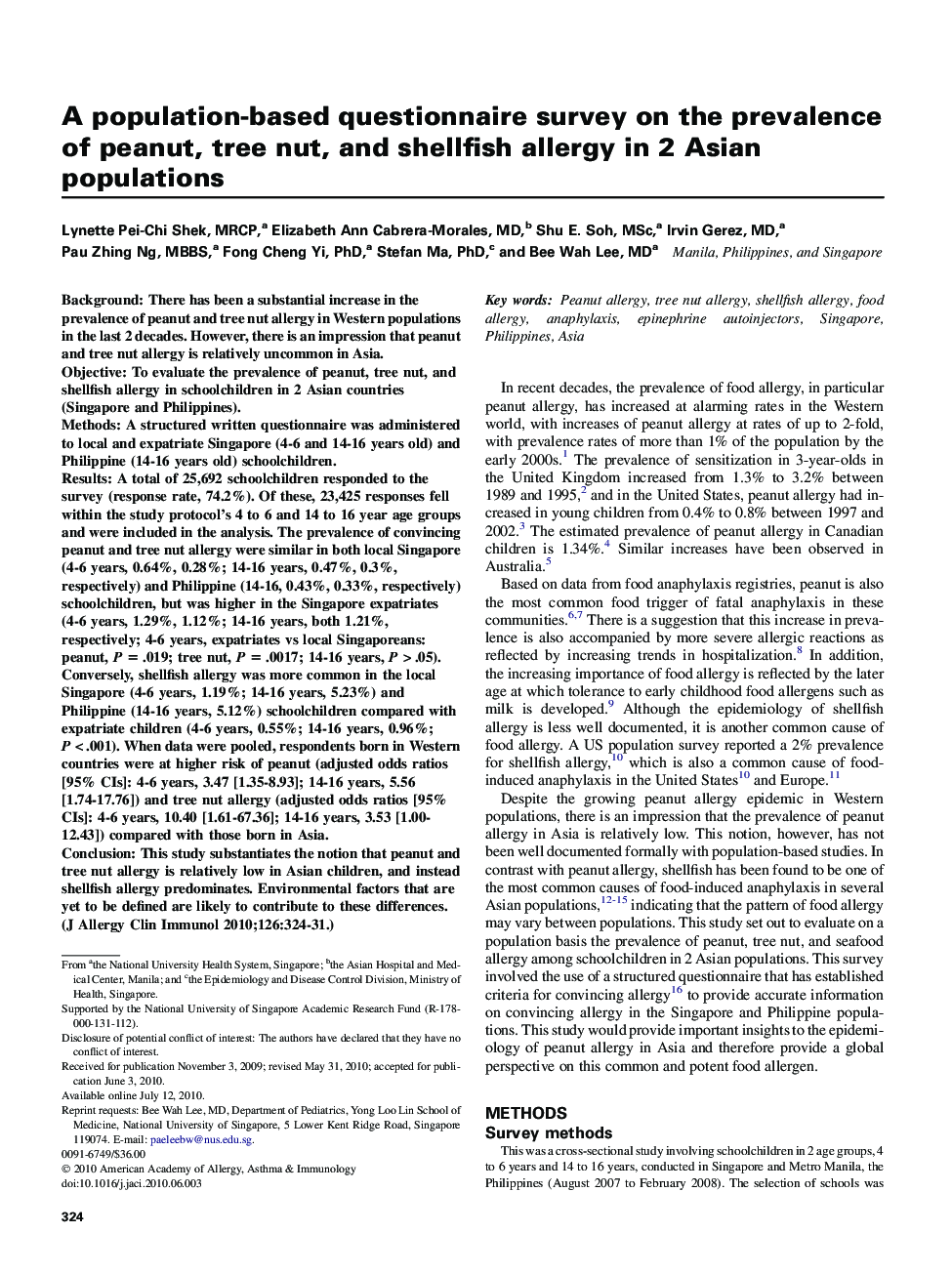 A population-based questionnaire survey on the prevalence of peanut, tree nut, and shellfish allergy in 2 Asian populations