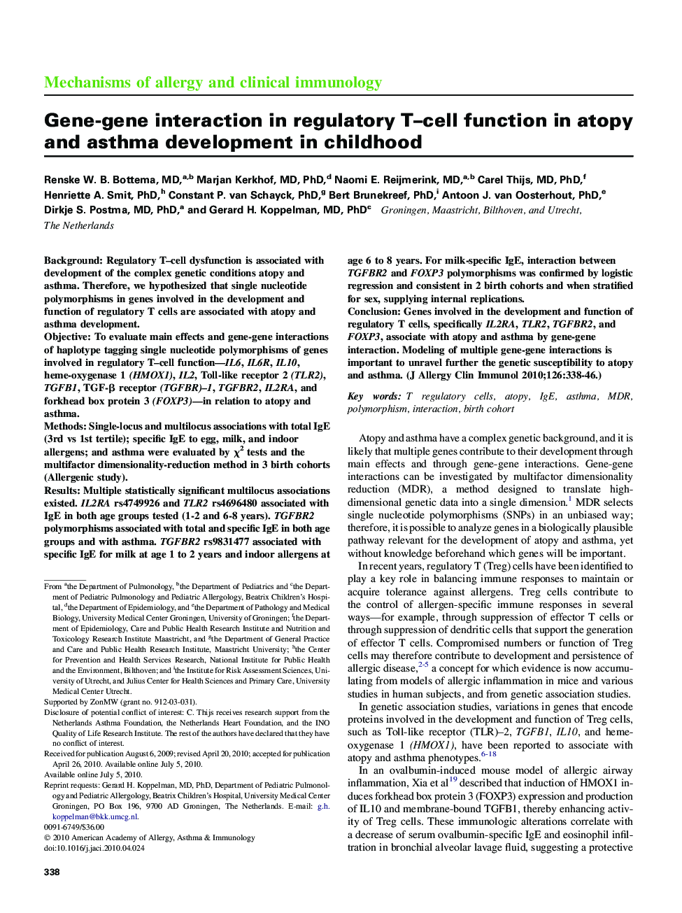 Gene-gene interaction in regulatory T-cell function in atopy and asthma development in childhood