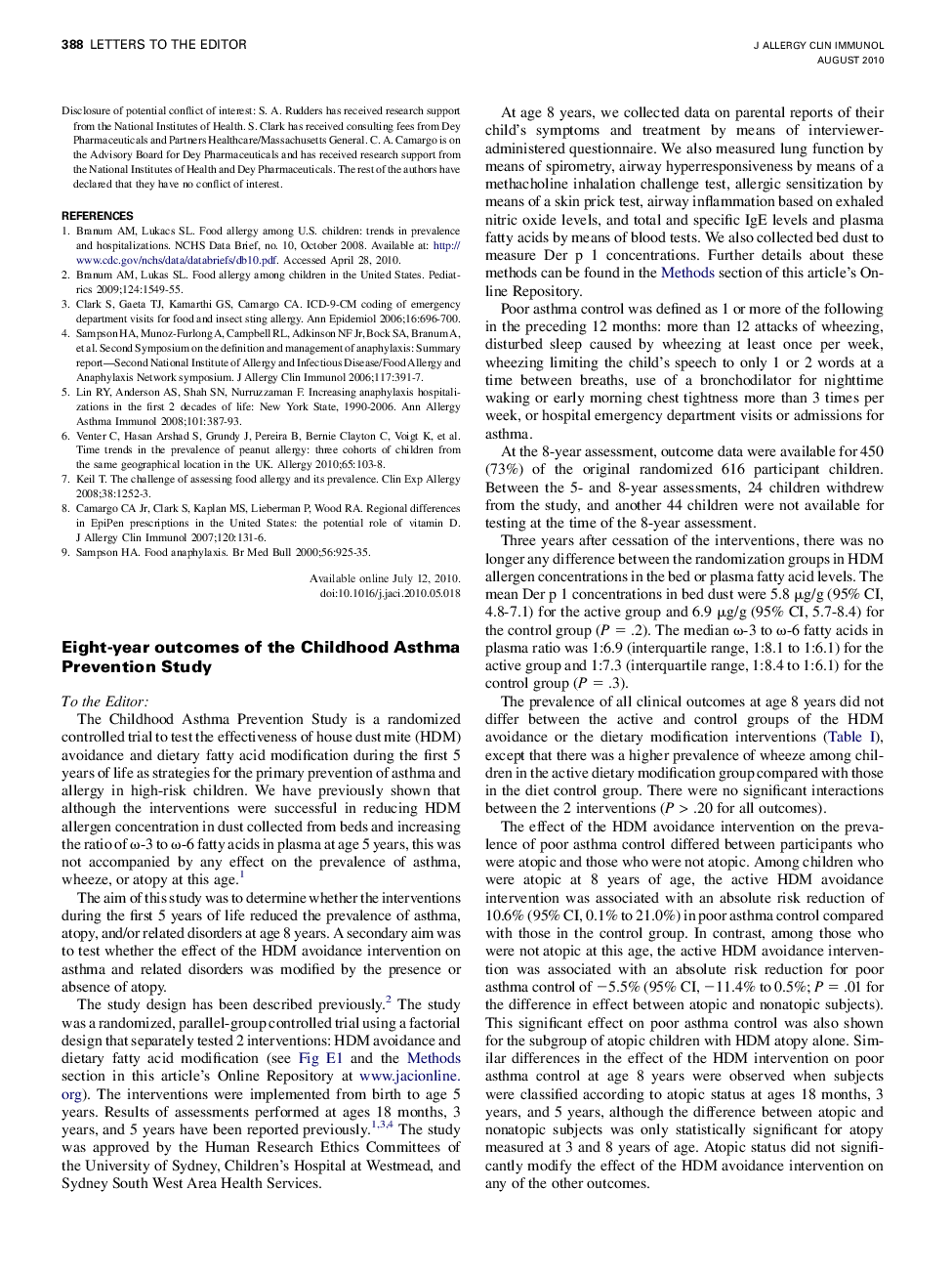 Eight-year outcomes of the Childhood Asthma Prevention Study