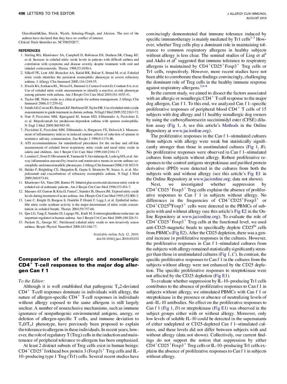 Comparison of the allergic and nonallergic CD4+ T-cell responses to the major dog allergen Can f 1