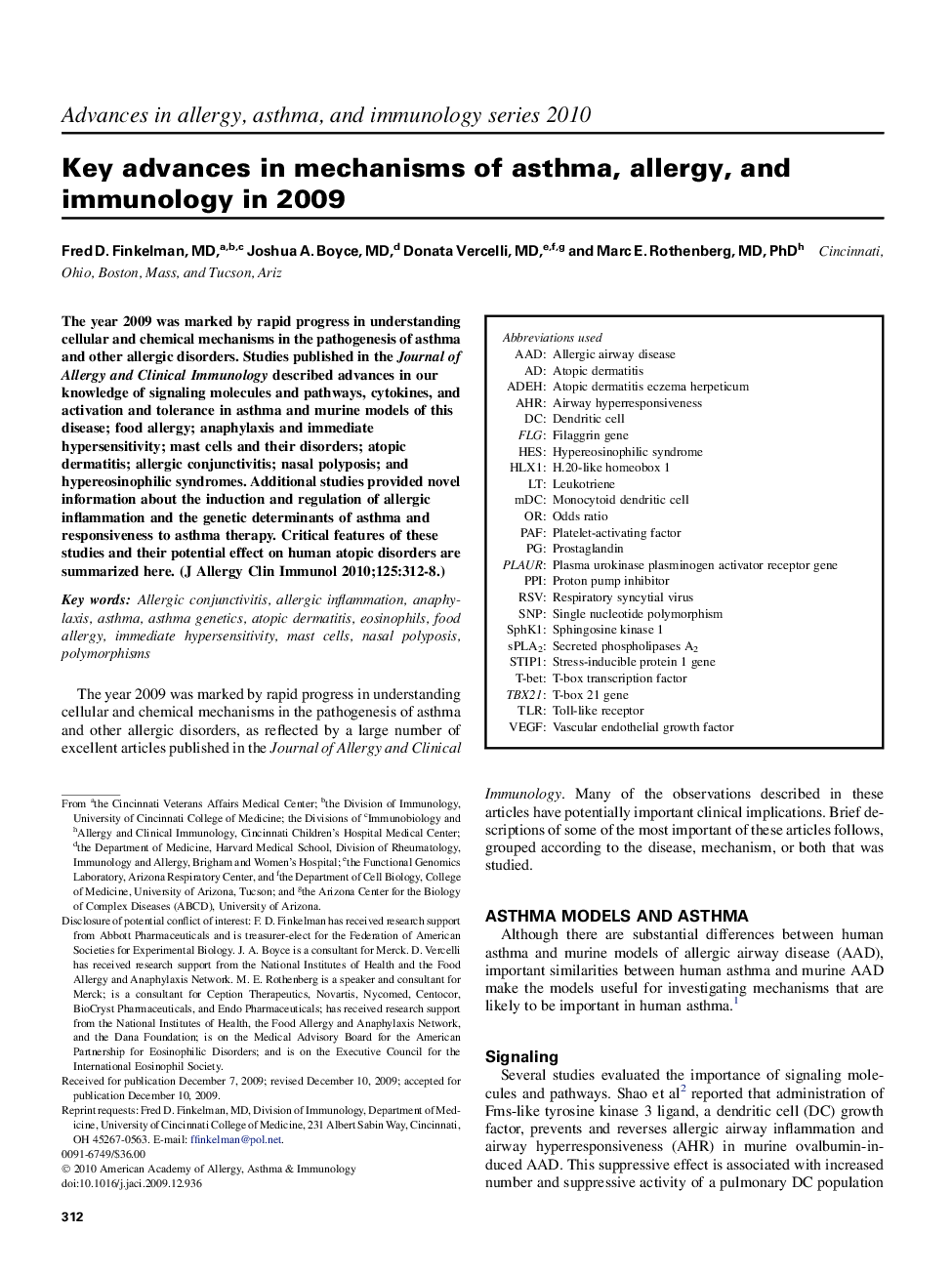 Key advances in mechanisms of asthma, allergy, and immunology in 2009 