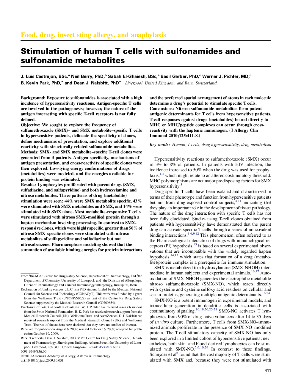 Stimulation of human T cells with sulfonamides and sulfonamide metabolites