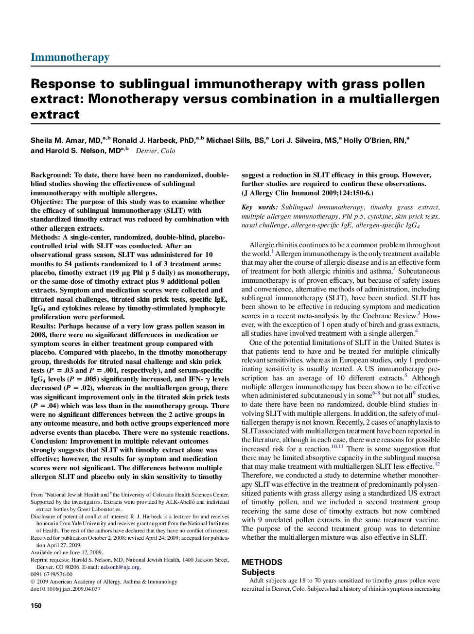 Response to sublingual immunotherapy with grass pollen extract: Monotherapy versus combination in a multiallergen extract