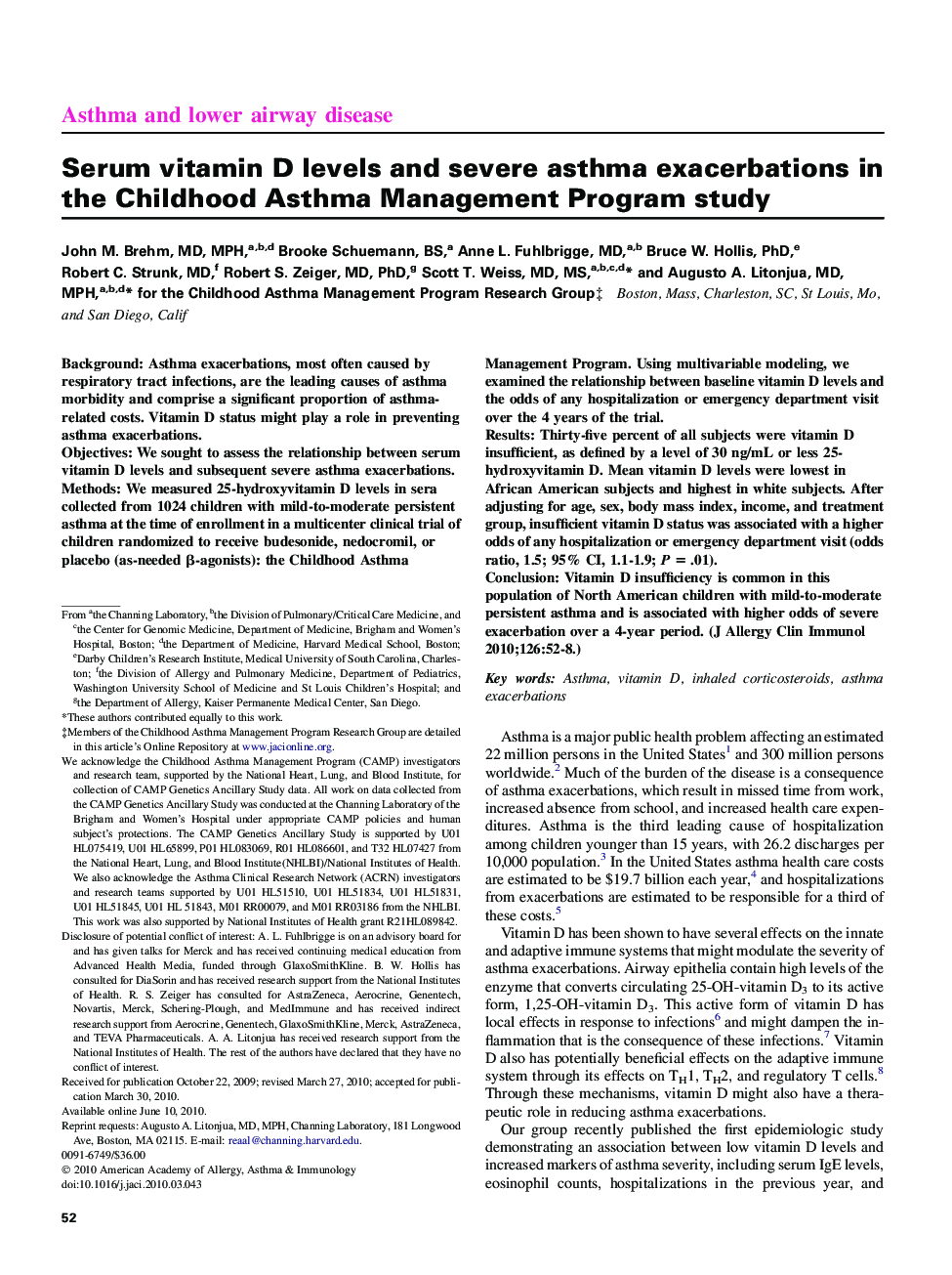 Serum vitamin D levels and severe asthma exacerbations in the Childhood Asthma Management Program study