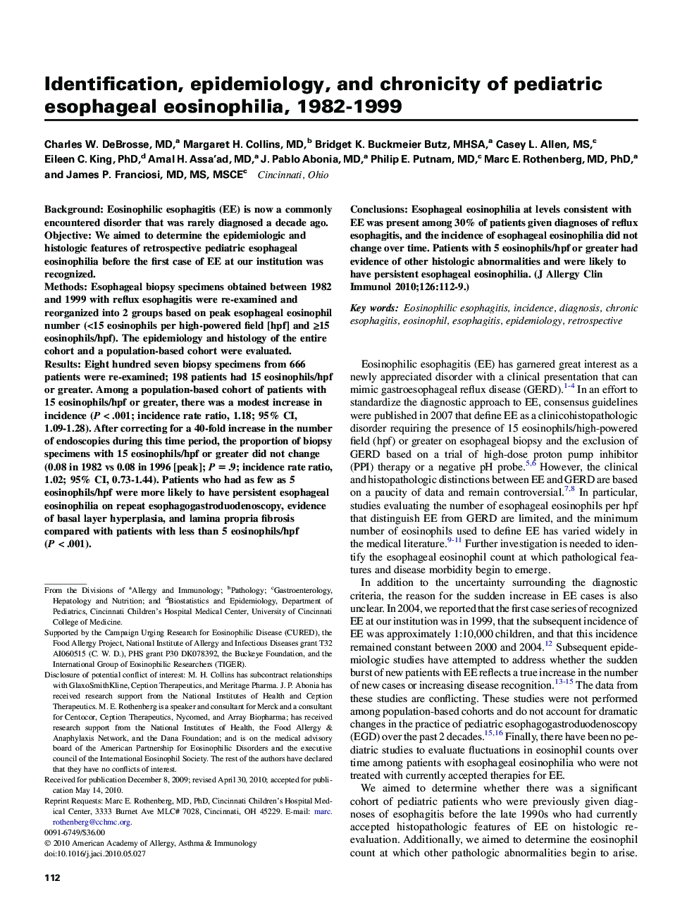 Identification, epidemiology, and chronicity of pediatric esophageal eosinophilia, 1982-1999 