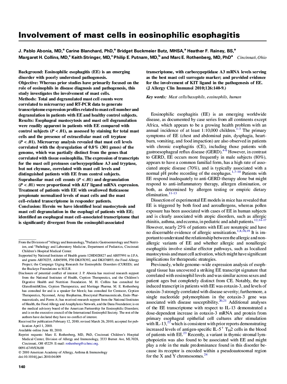 Involvement of mast cells in eosinophilic esophagitis 