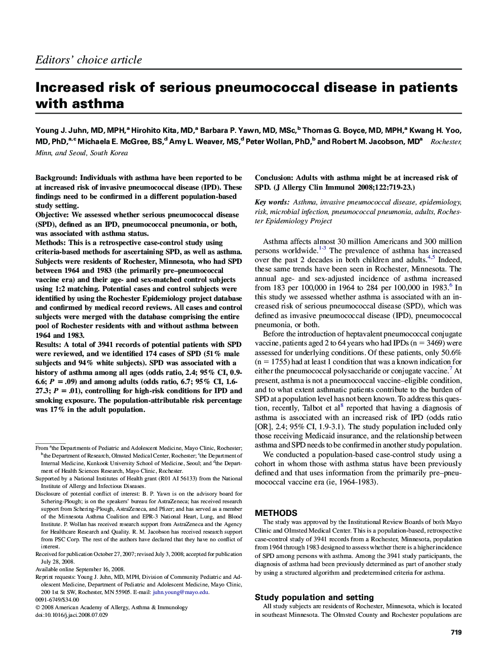 Increased risk of serious pneumococcal disease in patients with asthma 