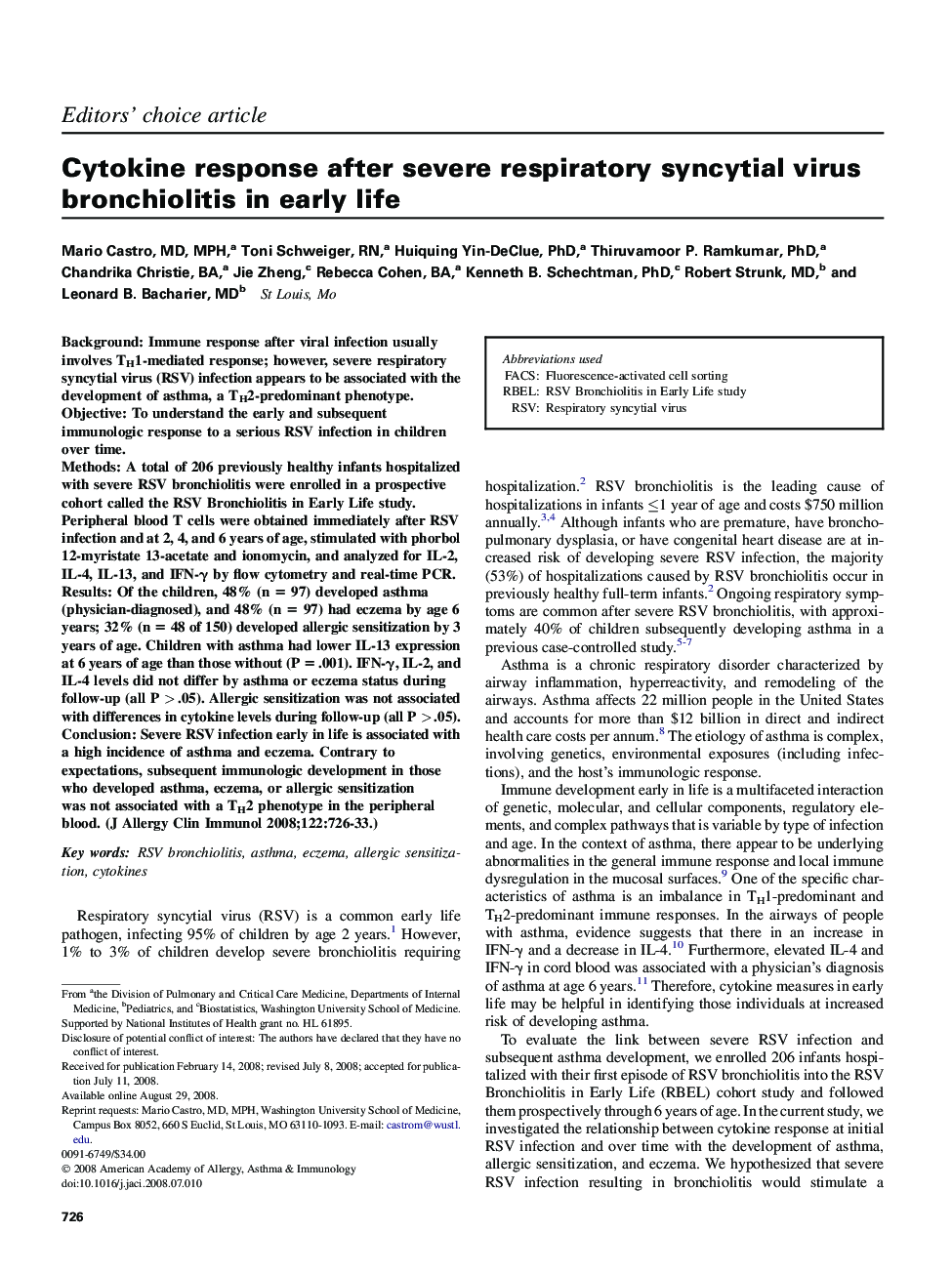 Cytokine response after severe respiratory syncytial virus bronchiolitis in early life