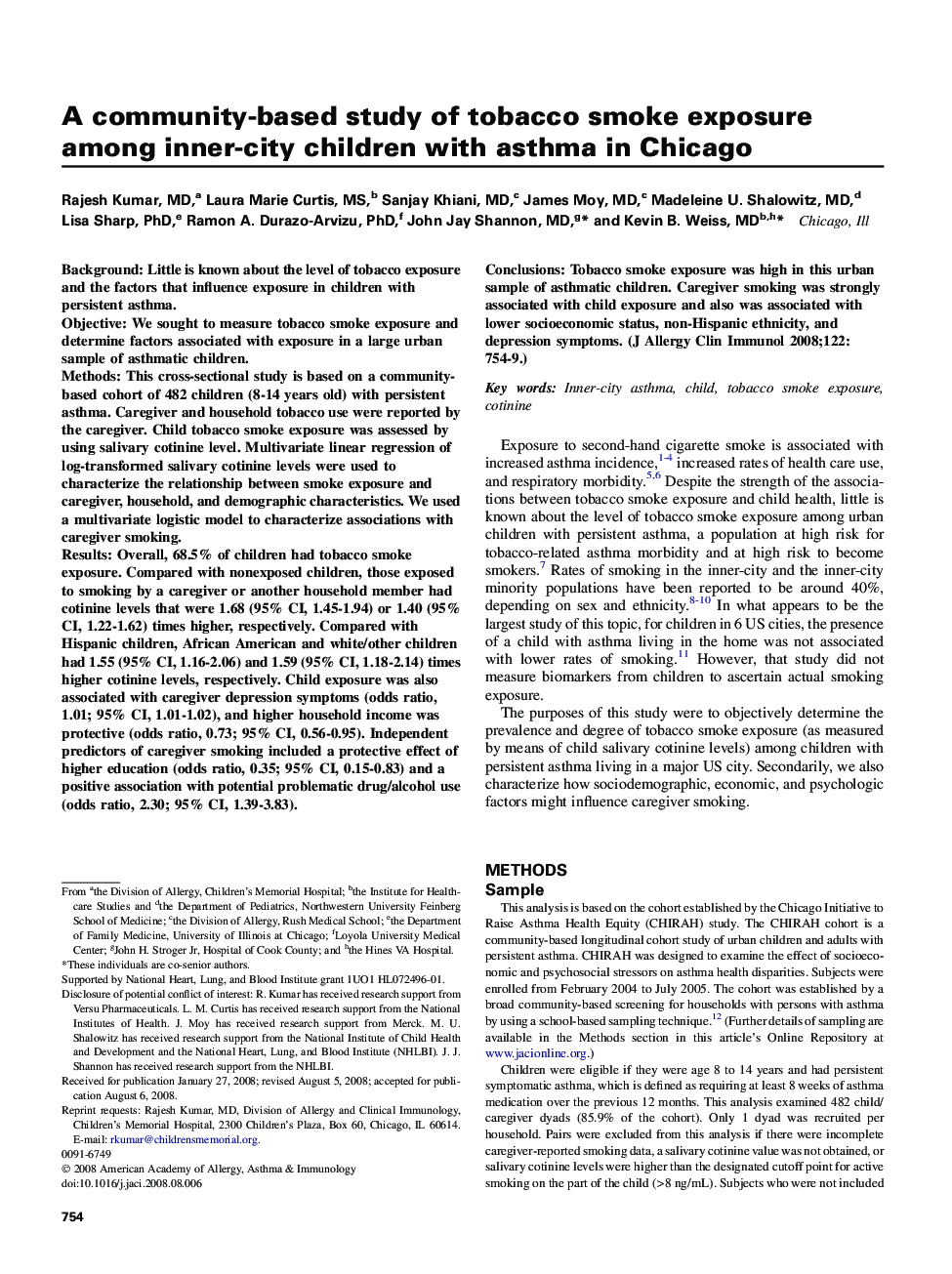 A community-based study of tobacco smoke exposure among inner-city children with asthma in Chicago