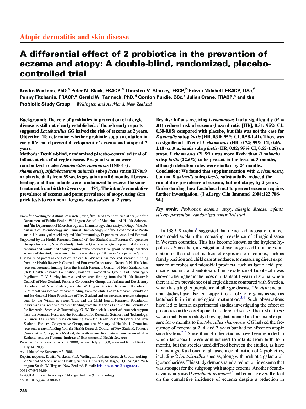 A differential effect of 2 probiotics in the prevention of eczema and atopy: A double-blind, randomized, placebo-controlled trial 