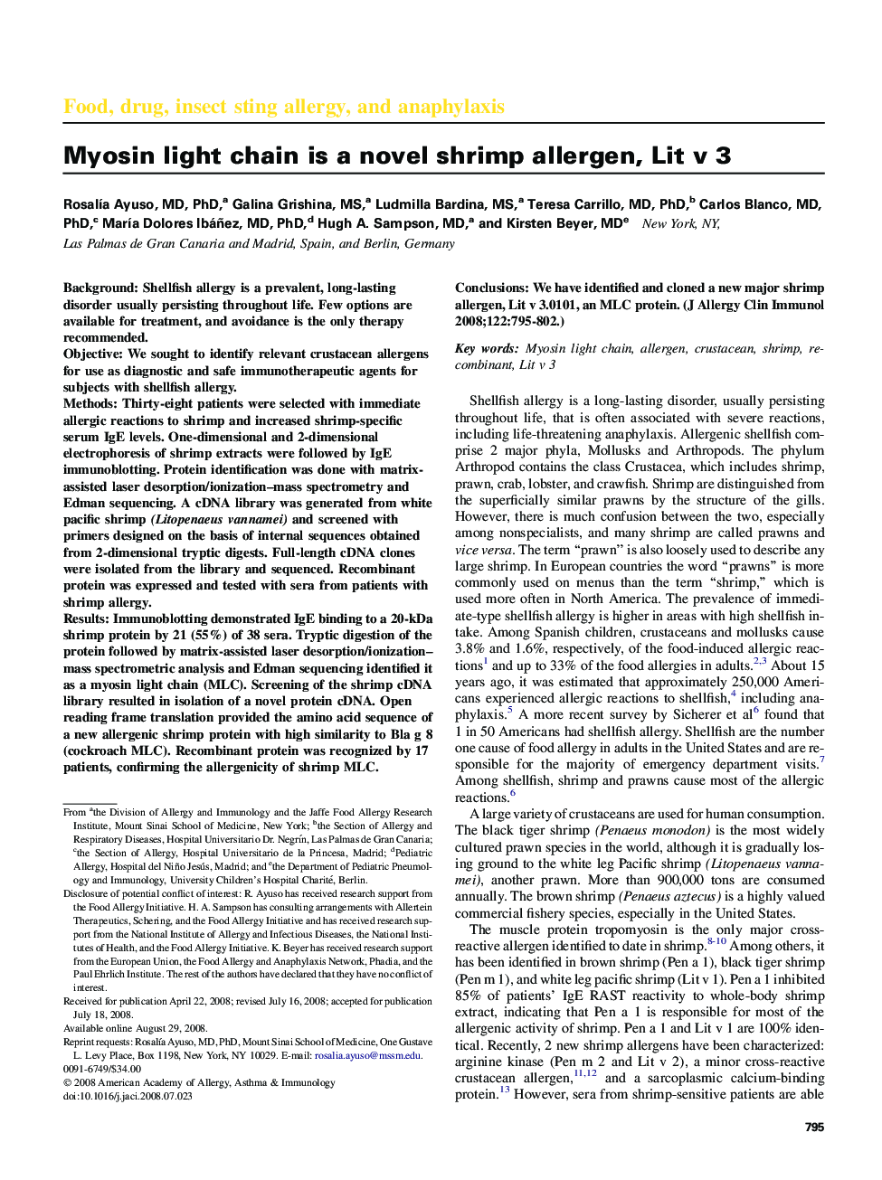 Myosin light chain is a novel shrimp allergen, Lit v 3 