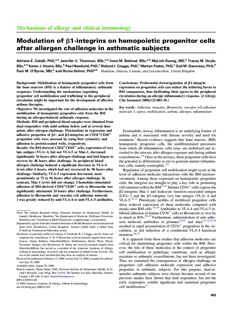 Modulation of β1-integrins on hemopoietic progenitor cells after allergen challenge in asthmatic subjects 