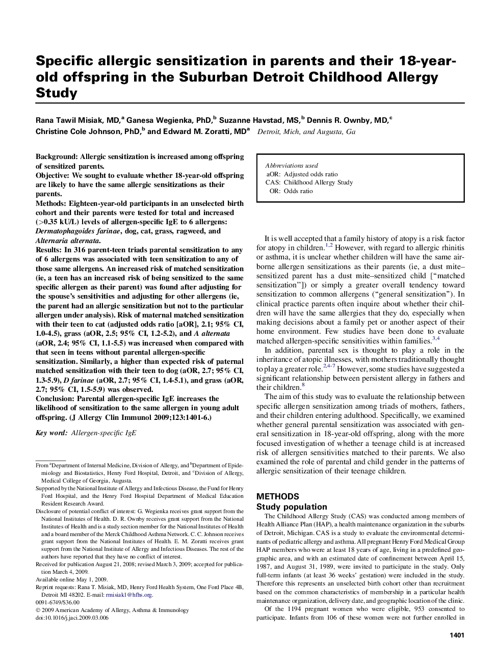 Specific allergic sensitization in parents and their 18-year-old offspring in the Suburban Detroit Childhood Allergy Study