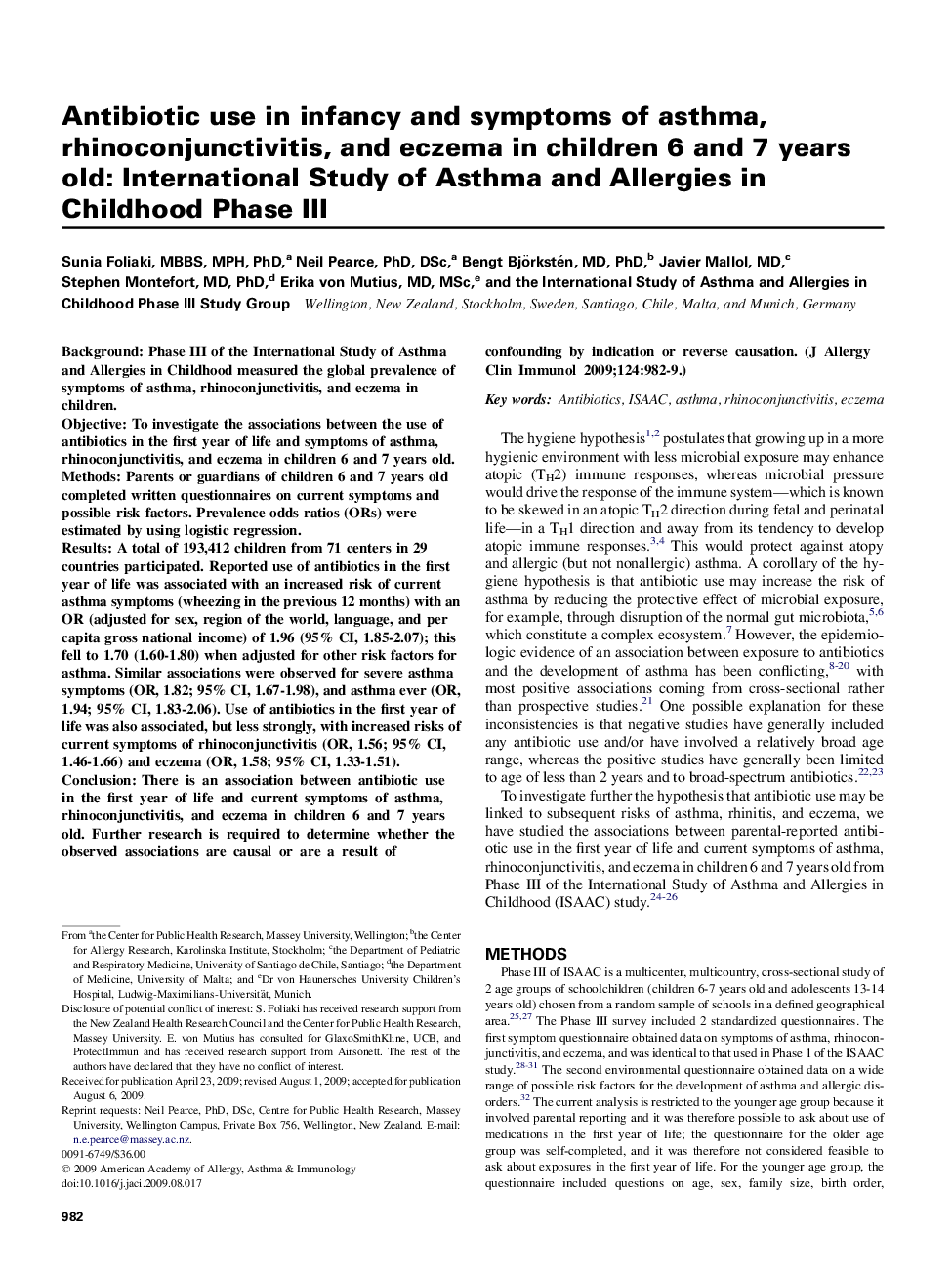 Antibiotic use in infancy and symptoms of asthma, rhinoconjunctivitis, and eczema in children 6 and 7 years old: International Study of Asthma and Allergies in Childhood Phase III 