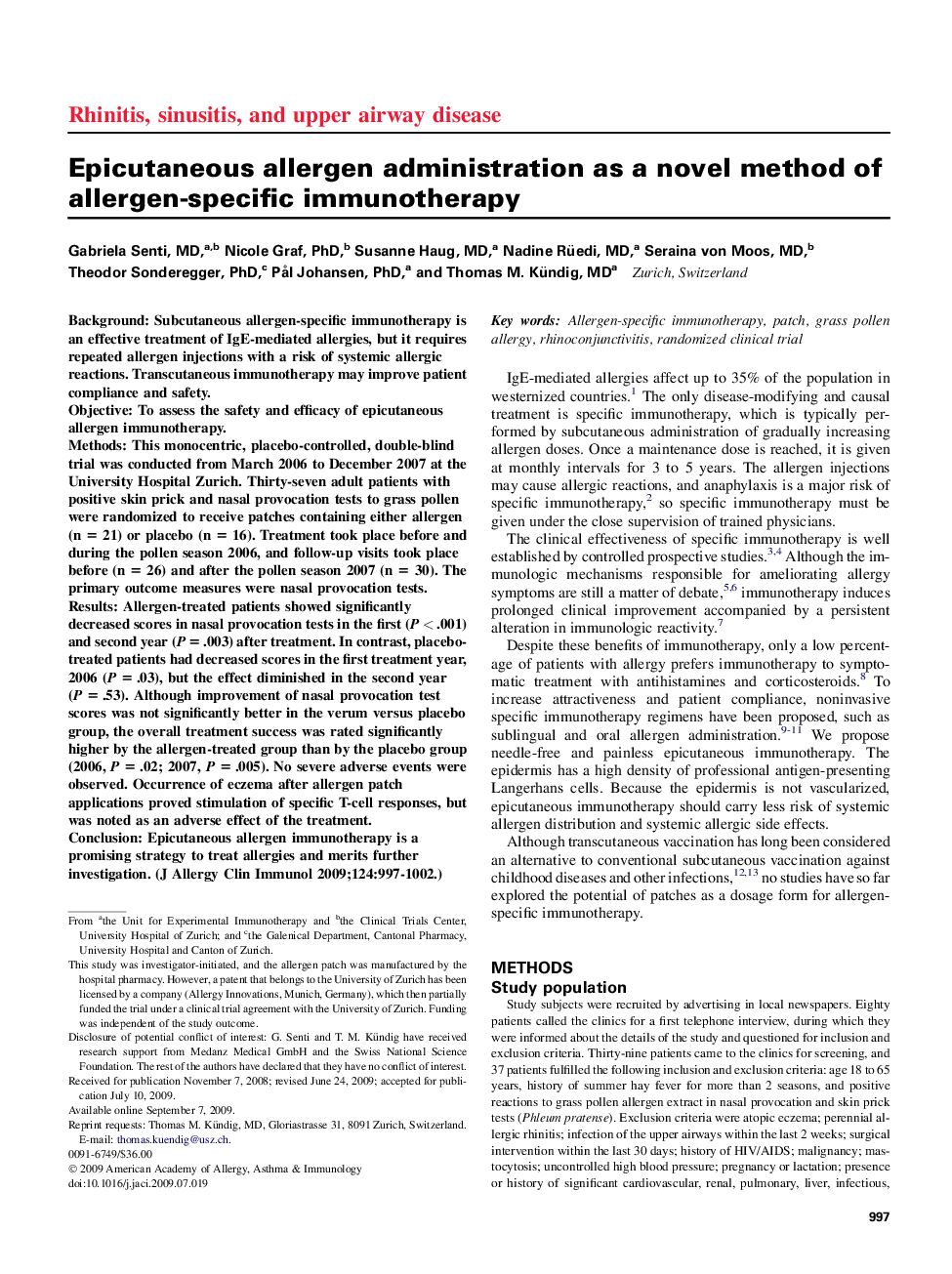 Epicutaneous allergen administration as a novel method of allergen-specific immunotherapy 