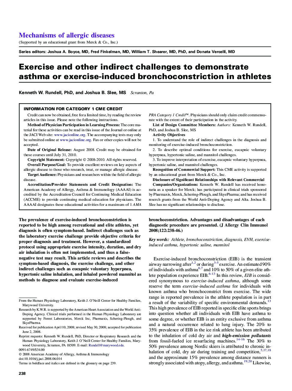 Exercise and other indirect challenges to demonstrate asthma or exercise-induced bronchoconstriction in athletes 