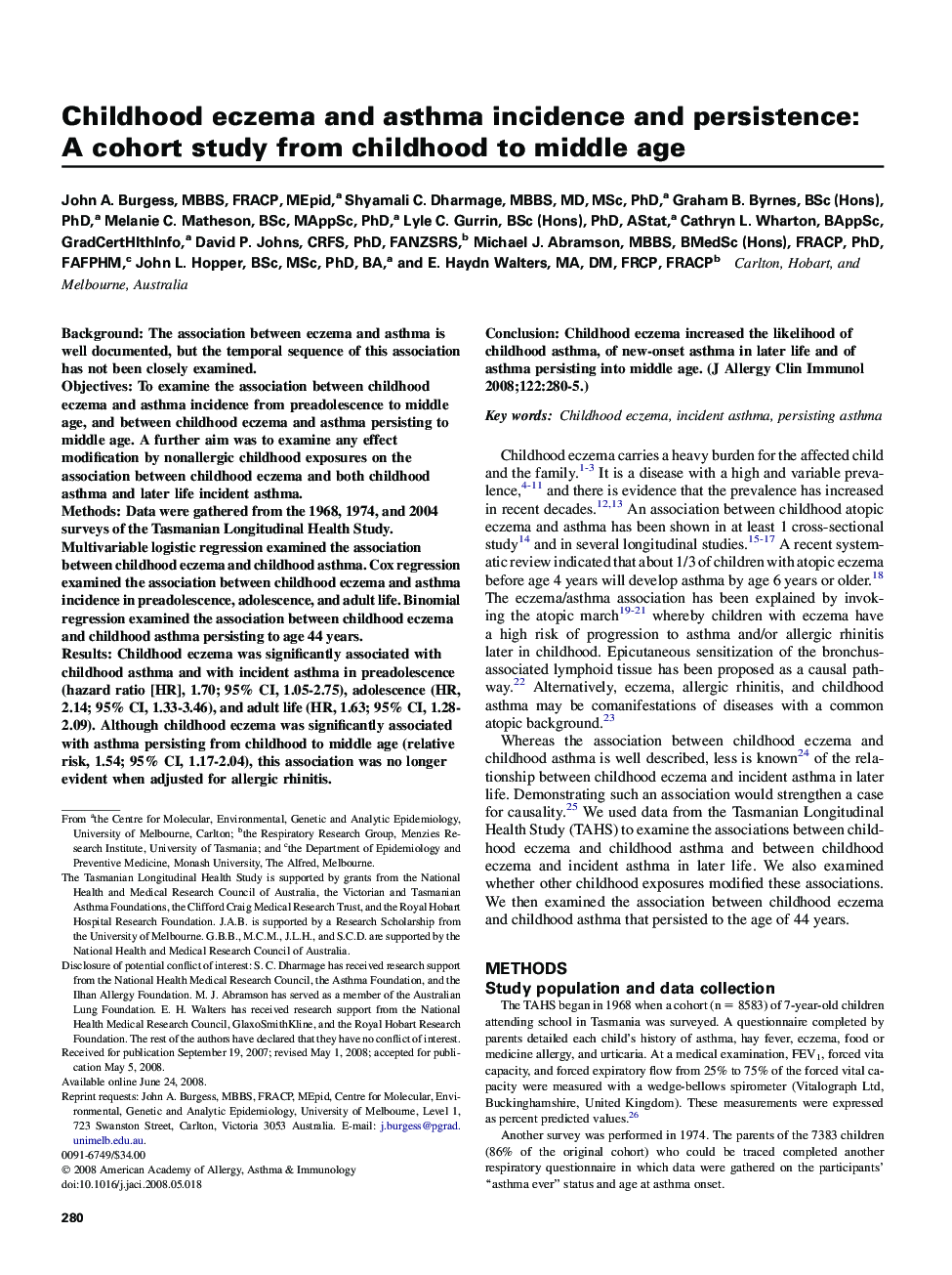 Childhood eczema and asthma incidence and persistence: A cohort study from childhood to middle age 