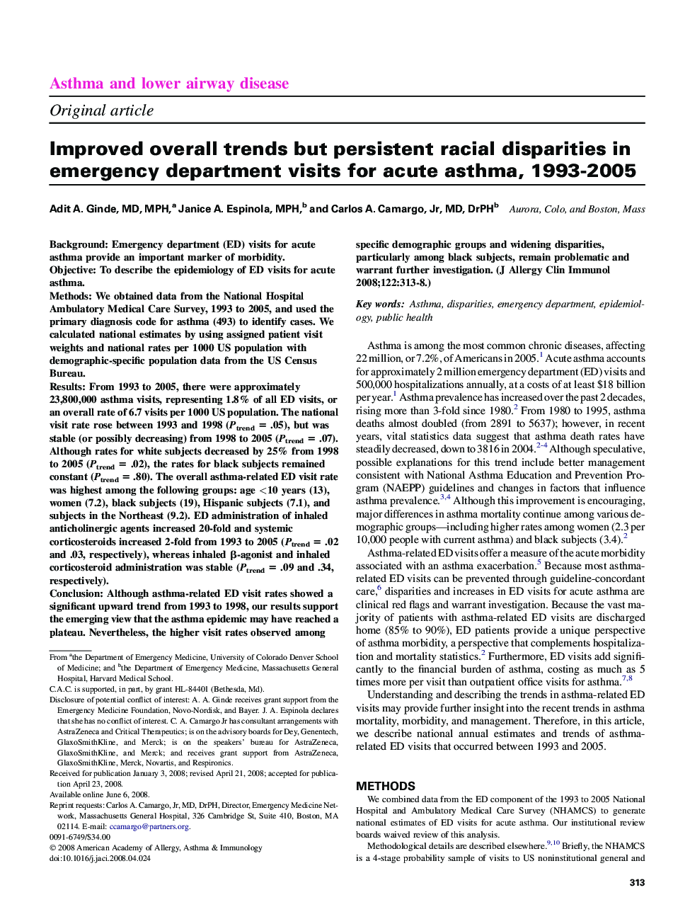 Improved overall trends but persistent racial disparities in emergency department visits for acute asthma, 1993-2005 