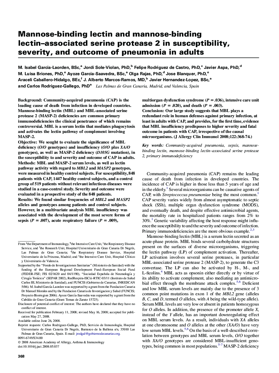 Mannose-binding lectin and mannose-binding lectin-associated serine protease 2 in susceptibility, severity, and outcome of pneumonia in adults