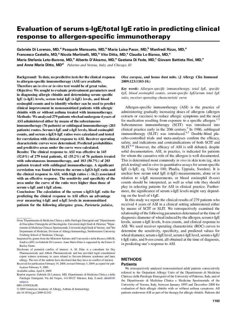 عکس صفحه اول مقاله: Evaluation of serum s-IgE/total IgE ratio in predicting clinical response to allergen-specific immunotherapy Evaluation of serum s-IgE/total IgE ratio in predicting clinical response to allergen-specific immunotherapy