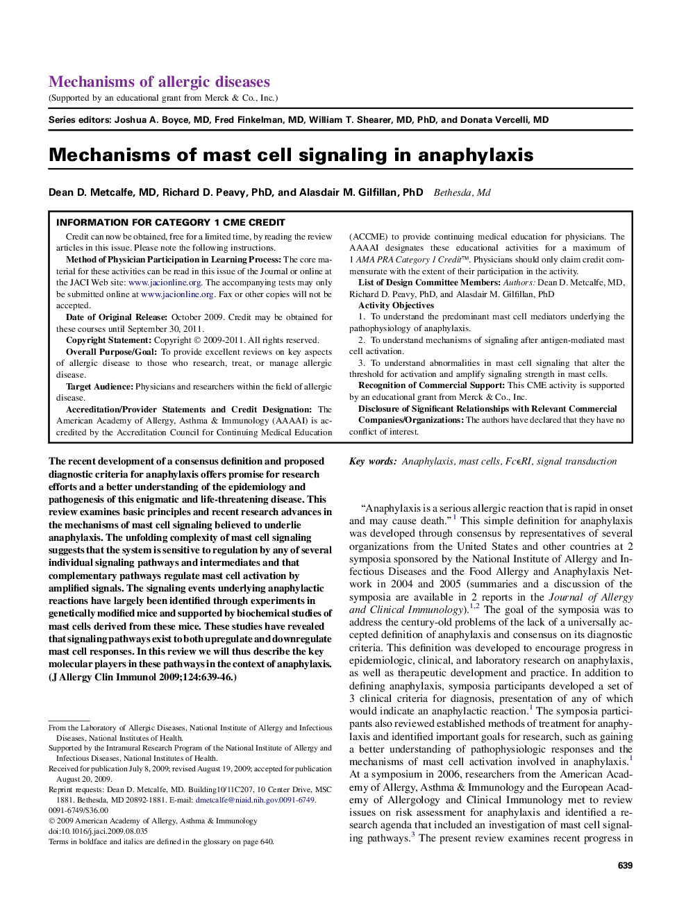 Mechanisms of mast cell signaling in anaphylaxis 