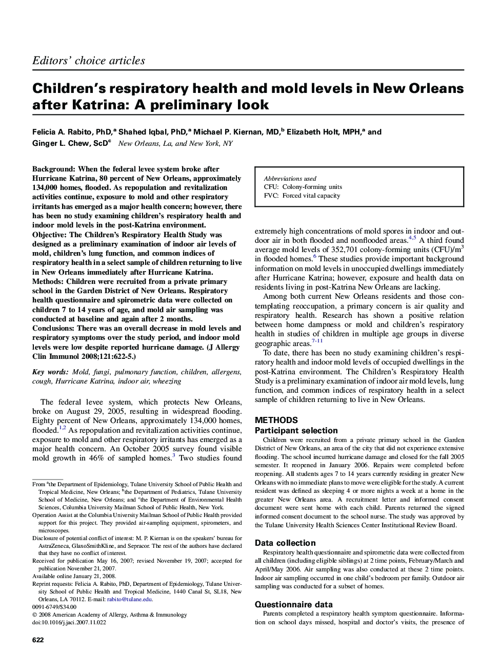 Children's respiratory health and mold levels in New Orleans after Katrina: A preliminary look 