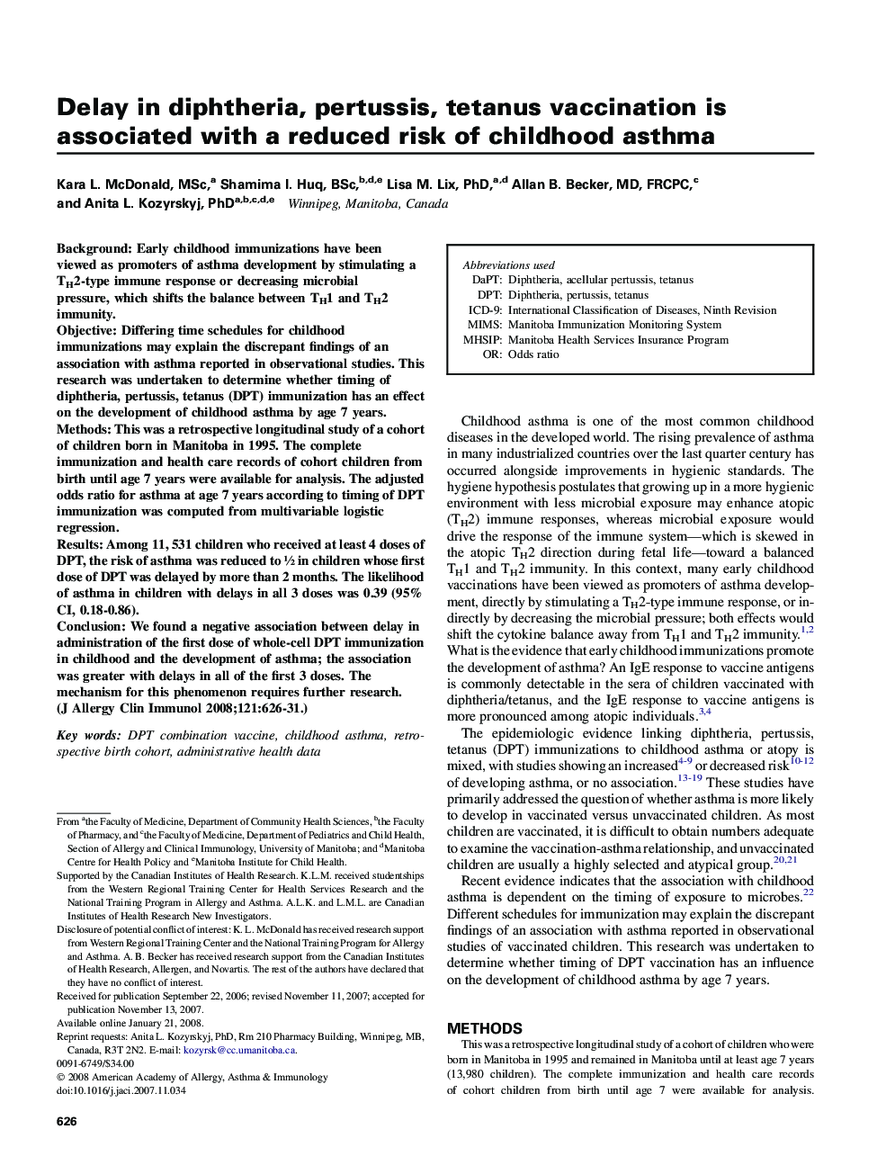 Delay in diphtheria, pertussis, tetanus vaccination is associated with a reduced risk of childhood asthma 