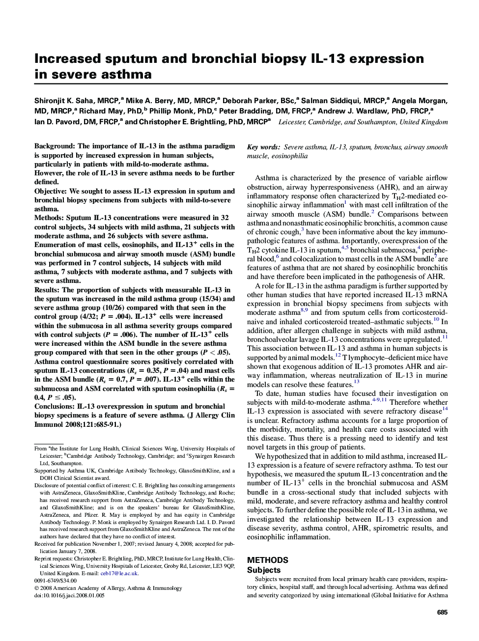 Increased sputum and bronchial biopsy IL-13 expression in severe asthma 