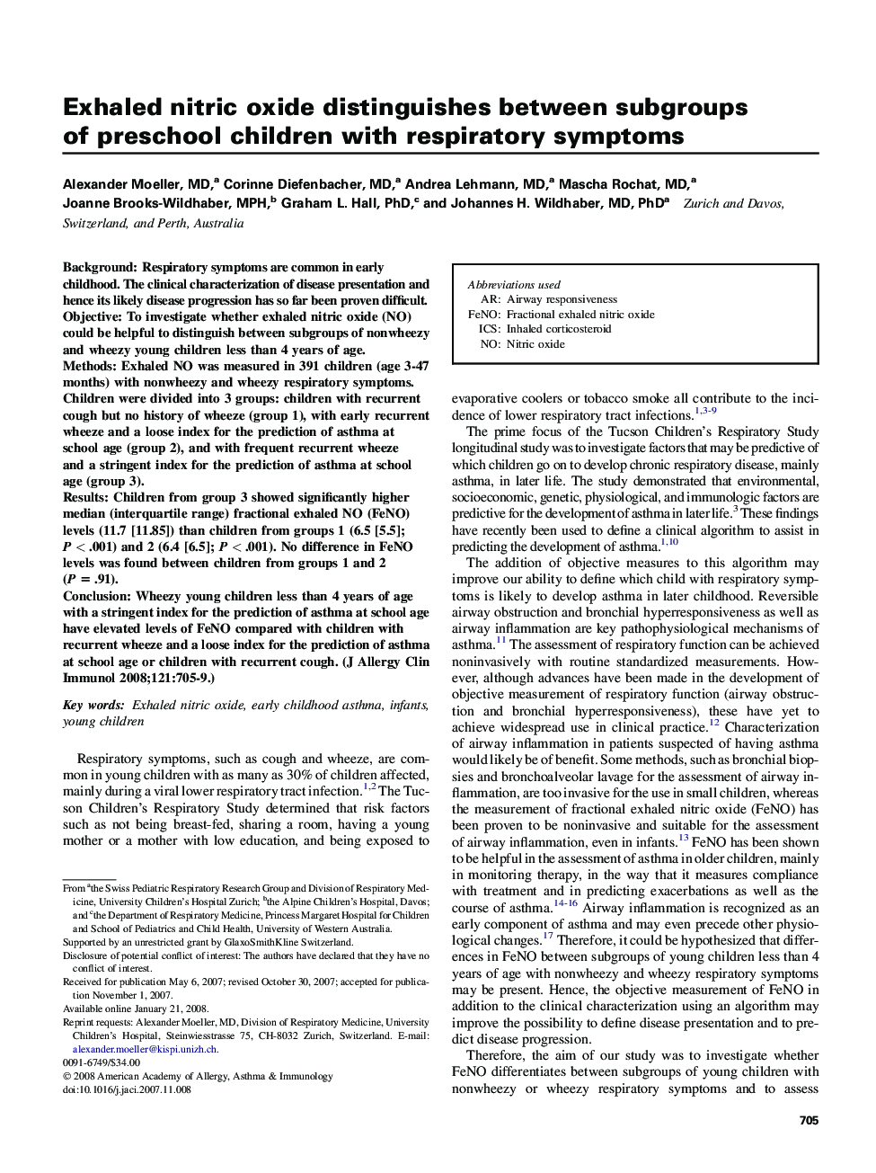 Exhaled nitric oxide distinguishes between subgroups of preschool children with respiratory symptoms 