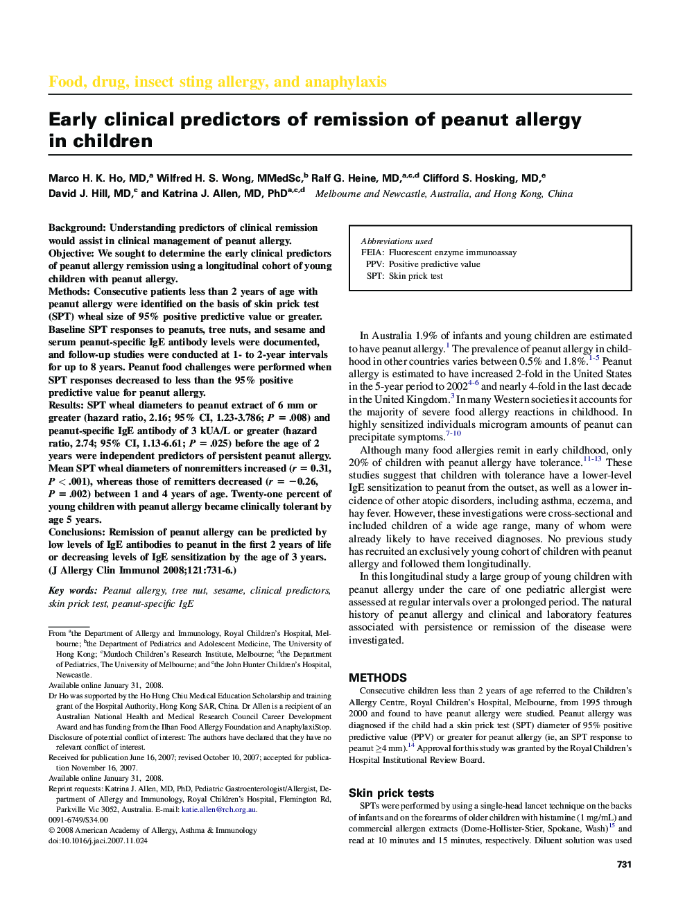 Early clinical predictors of remission of peanut allergy in children 