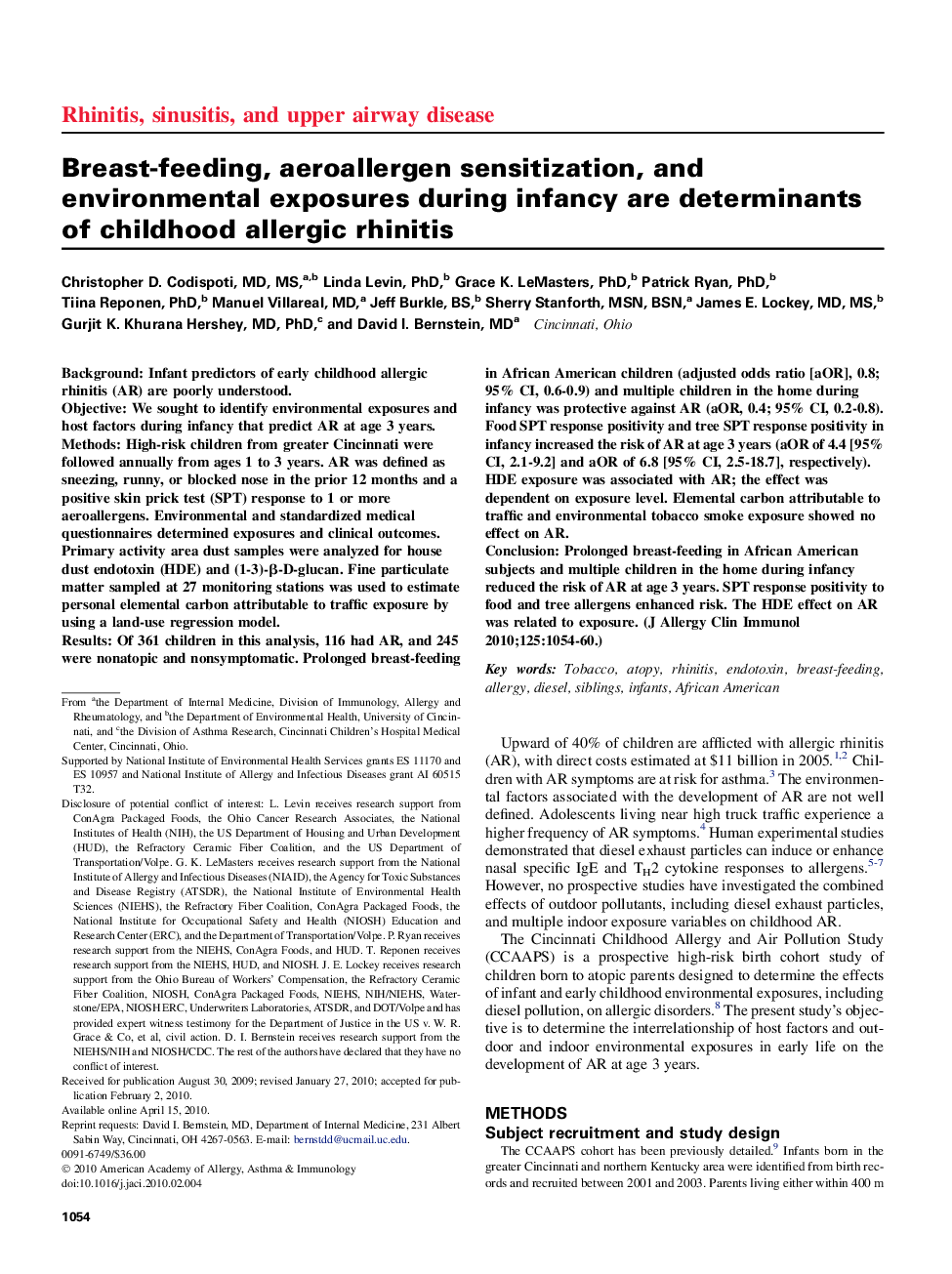 Breast-feeding, aeroallergen sensitization, and environmental exposures during infancy are determinants of childhood allergic rhinitis