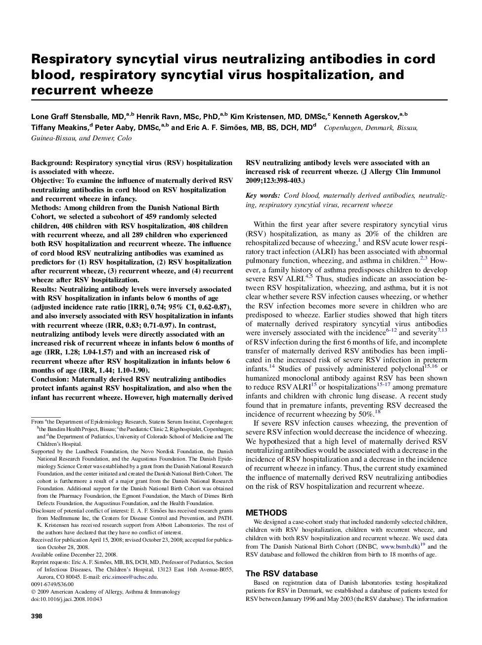 Respiratory syncytial virus neutralizing antibodies in cord blood, respiratory syncytial virus hospitalization, and recurrent wheeze 