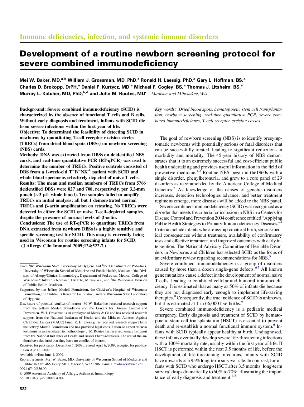 Development of a routine newborn screening protocol for severe combined immunodeficiency 